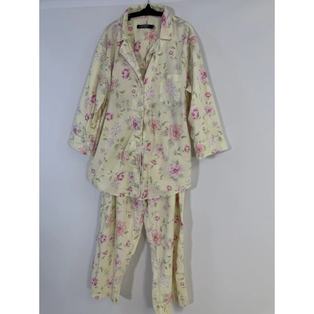 Lauren Ralph Lauren Pajama Set Womens M Yellow Floral Cotton Embroidered‎ Logo